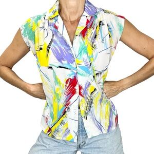 Vintage 80s 90s bold abstract brush stroke colourful cap sleeves blouse top S